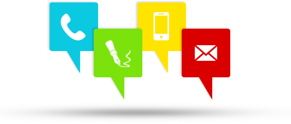 Kolorowe dymki z ikonami: telefonu, pióra, smartfona, oraz koperty